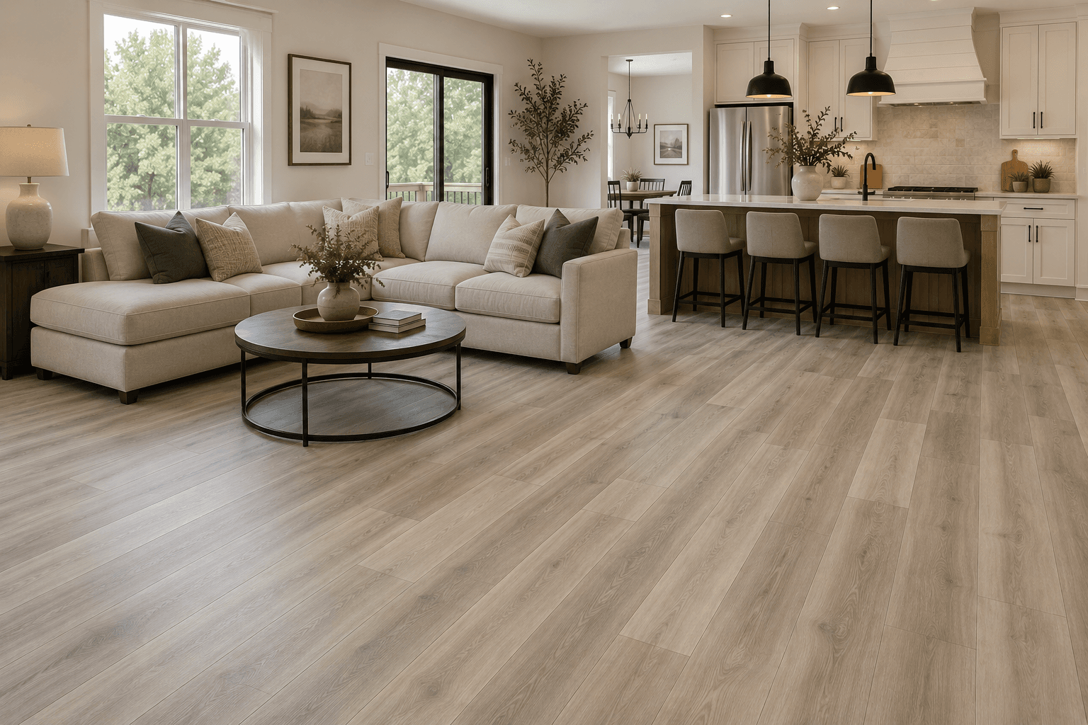 Luxury vinyl plank flooring installed in an open living space
