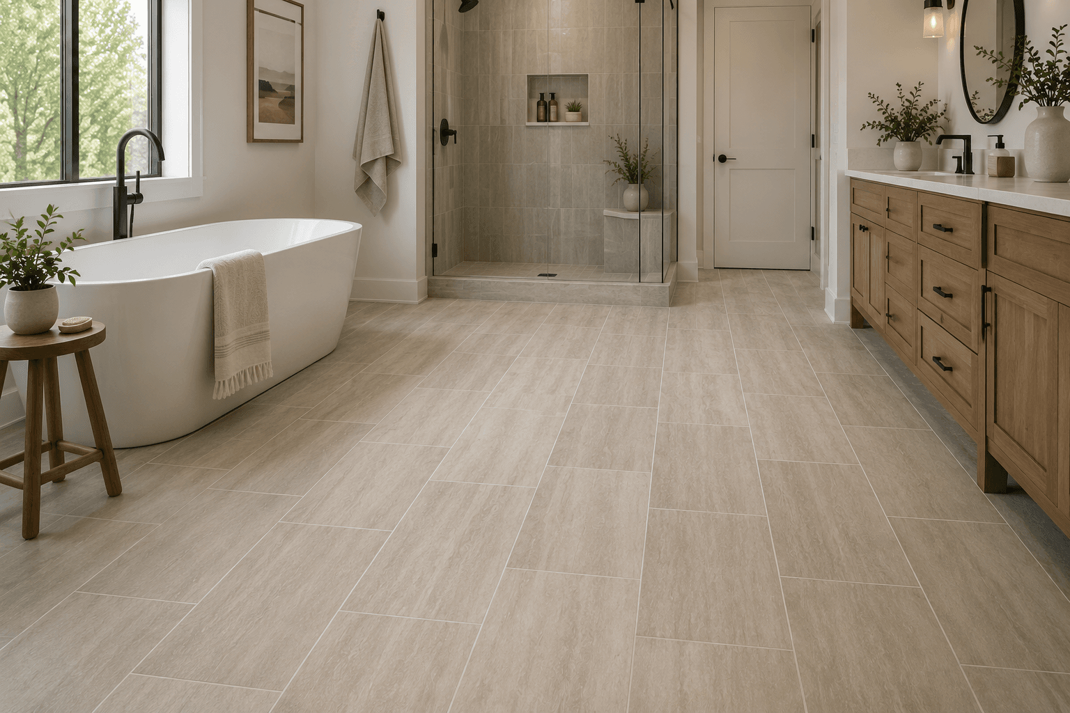 Tile flooring installed in a kitchen or bathroom space