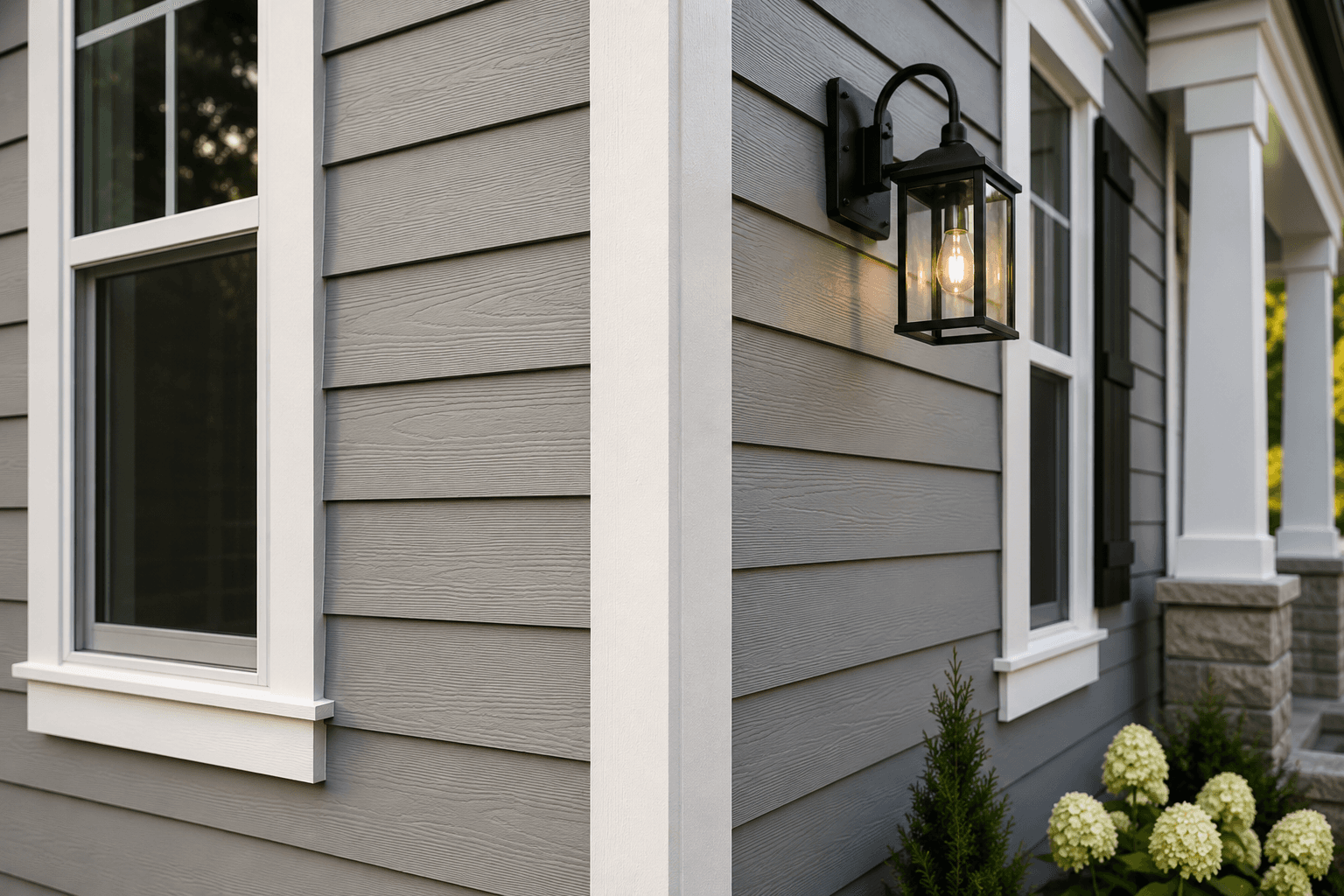Exterior trim and siding detail work around windows and transitions