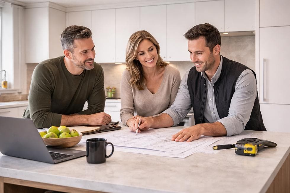 Homeowners reviewing a remodeling plan with Horizon Home Services